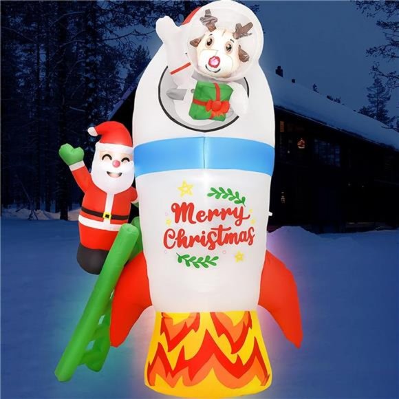 7 FT Christmas Inflatables Decorations Christmas Blow Up Rocket Space Deer - Picture 1 of 6